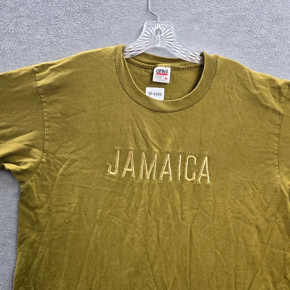 VINTAGE Jamaica Men Shirt XL Green Embroidered Crew Neck Single Stitch Tee READ